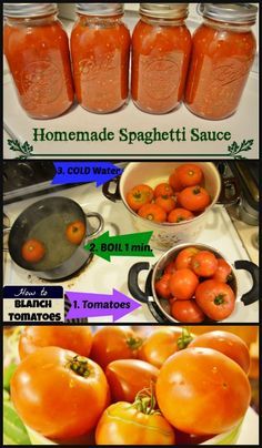 four pictures showing how to make homemade spaghetti sauce with tomatoes and peppers in mason jars