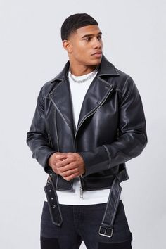 Channel James Dean vibes with a vintage style biker jacket. With a sleek fitted biker jacket from BoohooMAN, you don't have to be able to ride to channel that edgy, trackside look that always looks effortlessly smooth and sexy. Perfect for when the nights get cooler, biker jackets are cut to allow room to move while giving you clean lines around your shoulders and waist. They look great with plain tees, skinny jeans and boots, while a baseball cap adds a sporty vibe – or coif your hair for a classic windswept look. If you prefer the classics, go for matte brown leather with a wide collar and press studs for a vintage look that would leave even James Dean feeling salty. Style: Biker JacketDesign: Fabric InterestFabric: PUDetail: BikerLength: CroppedNeckline: CollaredFit: BoxySleeve Length: Fitted Biker Jacket, Coach Jackets, Biker Jacket Men, Motorcycle Jacket Mens, Borg Jacket, Heavy Coat, Harrington Jacket, Jackets For Men, James Dean