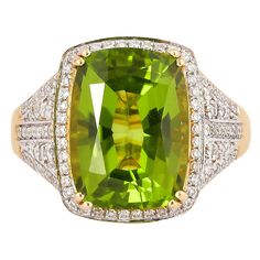 This collection features an array of pretty peridot rings! Accented with diamonds these rings are made in yellow gold and present a vibrant and fresh look. Classic peridot ring in 18K yellow gold with diamonds. Peridot: 6.520 carat cushion shape. Diamonds: 0.3902 carat, G colour, VS clarity. Gold: 5.29g, 18K yellow gold. Ring Size: US 6.75 - Size can be adjusted for free upon request - please reconfirm with your order. R642 Fine Jewelry Lime Green Diamond, Fine Jewelry With Lime Green Diamond, Formal Peridot Diamond Ring In Yellow Gold, Exquisite Green Jewelry With Pave Setting, Luxury Green Cushion Cut Diamond Ring, Elegant Lime Green Diamond Jewelry, Luxury Green Diamond Ring With Pave Setting, Luxury Peridot Rings With Accent Stones, Luxury Green Gemstones With Halo Setting