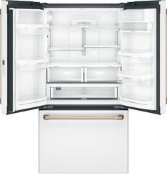 an open refrigerator with its doors wide open and the bottom drawer is closed, revealing it's contents