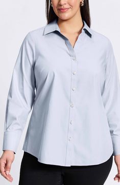 A wardrobe-staple shirt is tailored from breathable, wrinkle-resistant cotton and finished with a curved hem. 28" length Front button closure Spread collar Long sleeves with button cuffs Wrinkle resistant 100% cotton Machine wash, tumble dry Imported Classic Wrinkle-resistant Tops For Business Casual, Wrinkle-resistant Relaxed Fit Tops For Workwear, Wrinkle-resistant Relaxed Fit Tops For Work, Classic Wrinkle-resistant Business Casual Tops, Wrinkle-resistant Button-up Workwear Top, Wrinkle-resistant Collared Top For Work, Wrinkle-resistant Button-up Tops For Work, Business Casual Wrinkle-resistant Button-up Tops, Wrinkle-resistant Button-up Office Shirt