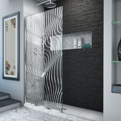 a modern bathroom with black and white decor