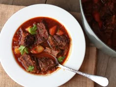 a bowl of beef stew with carrots, potatoes and parsley on the side