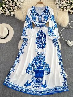 Spring Autumn Runway Fashion Blue And White Porcelain Flower Print Dress Elegant Blue Dress, French Dresses, Boho Chic Fall, Dresses Ladies, Blue Dress Women, Blue Print Dress, Sleeve Maxi Dress, Long Sleeve Maxi Dress