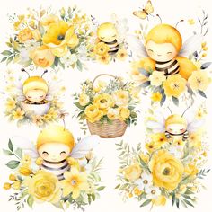 watercolor bees and yellow flowers on a white background, with one bee holding a basket