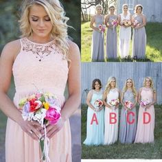 the bridesmaids are posing for pictures in their dresses