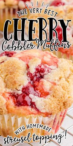 These cherry cobbler muffins are absolutely scrumptious, packed with juicy cherries and topped with a crumbly, sweet streusel. They look like mini coffee cakes and would be perfect for breakfast or dessert. Cobbler Muffins, Easy Cherry Cobbler, Sweet Muffins, Cherry Muffins, Muffin Flavors, Dessert For Breakfast, Bakery Style Muffins, Canning Cherry Pie Filling, Breakfast Easy