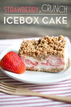 a piece of strawberry crumb icebox cake on a plate