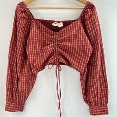 New With Tags. Retail Price $60. Women’s 100% Cotton, Ruched And Smocked Back Long Sleeve Crop Top Size Small In Red Plaid. 18” From Pit To Pit, 16” Overall Length. Ruched Cotton Top For Fall, Fall Cotton Ruched Top, Casual Ruched Blouse For Fall, Plaid Cotton Top With Smocked Bodice, Plaid Cotton Tops With Smocked Bodice, Casual Fitted Levi's Blouse, Levi's Fitted Casual Blouse, Levi's Fall Blouse, Levi's Casual Long Sleeve Blouse