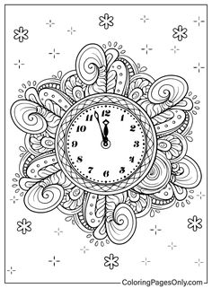 a coloring page with a clock in the middle