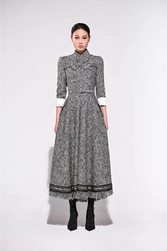 Davis A-line Middle Sleeved Tweed Midi Dress | MEAN BLVD Fall Midi-length Tweed Dress, Winter Midi-length Tweed Dress, Winter Midi Length Tweed Dress, Tweed Midi Dress, Mean Blvd, Mass Production, Tweed Dress, Sewing Basics, Dress Ideas