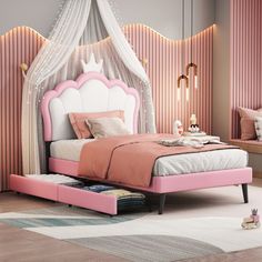 a bedroom with pink and white furniture in the corner, including a bed frame that has been made to look like a princess's castle