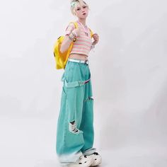 Wide Harajuku Y2K Pants - Pastel Kitten 90s Style Baggy Wide Leg Pants, Hip Hop Style Baggy Wide Leg Bottoms, Harajuku Cotton Bottoms With Pockets, Harajuku Style Cotton Bottoms With Pockets, Harajuku Style Summer Bottoms With Pockets, Summer Harajuku Bottoms With Pockets, Green Wide Leg Jeans With Belt Loops, Harajuku Style Bottoms With Pockets For Spring, Harajuku Style Baggy Wide Leg Pants