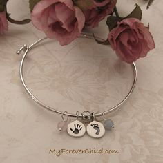 Baby Handprint & Footprint Bangle Bracelet-sterling silver. Delicate and subtle keepsake for a new mom  | by MyForeverChild.com #myforeverchild Infant Loss Awareness, Baby Handprint, Sterling Silver Bangle Bracelets, Awareness Ribbons, Sterling Silver Bangles