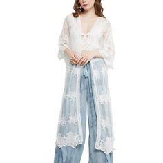 Elevate your wardrobe with the Long Floral Lace Embroidered Duster, a stunning sheer cardigan suitable for both dressy and casual occasions. From poolside lounging to brunch dates, this versatile duster adds a touch of elegance to any ensemble. Sheer Lace Cardigan, Elegant Floral Embroidered Lace For Summer, Elegant Summer Lace With Floral Embroidery, White Lace Cover-up For Spring, Summer Long Sleeve Lace Top With Floral Embroidery, Summer Floral Embroidered Long Sleeve Lace Top, White Sheer Cover-up For Spring, Fitted Lace Cover-up With Lace Trim, Elegant Lace Top For Vacation