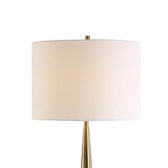 a table lamp with a white shade on it and a wooden base in front of a white background