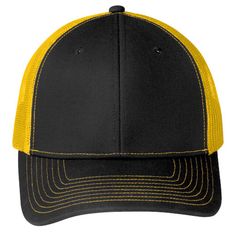 This two-toned cap features breathable mesh and contrast stitching on the bill. Fabric: 100% cotton twill front panels and bill (Solids) 65/35 polyester/cotton twill front panels and bill (Heathers) 100% polyester mesh mid and back panels. Structure: Structured. Profile: Mid. Closure: 7-position adjustable snapback. Custom Port Authority Snapback Trucker Cap in Gold | Cotton/Polyester | Apparel | Headwear | Baseball Caps Yellow Cotton Trucker Hat With Curved Brim, Yellow Cotton Trucker Hat, Breathable Cotton Six-panel Trucker Hat, Cotton Trucker Baseball Cap For Sports, Mesh Trucker Baseball Cap Six-panel, Yellow Sports Trucker Hat With Curved Brim, Mesh Six-panel Baseball Cap For Streetwear, Trucker Style Mesh Baseball Cap, Cotton Trucker Baseball Cap For Sports Events