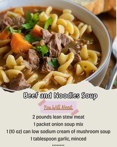 a bowl of beef and noodle soup with instructions