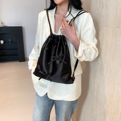 UAKISS - Bow Design Women's Drawstring Backpacks 2024 Spring Y2K Korean Fashion Solid Color Backpack Lady School Bag Travel Back Packs SIZE: (Width)33cm * (Height)35cm * (Thickness)1cm Shoulder Belt Length:100cm Black Large Capacity Drawstring Backpack, Black Drawstring Bag For Daily Use, Black Drawstring Backpack Bag, Casual Black Drawstring Bag With Large Capacity, Large Capacity Drawstring Backpack For Daily Use, Black Drawstring Gym Backpack, Black Drawstring School Backpack, Black Drawstring Backpack For School, Black Drawstring Backpack For Daily Use