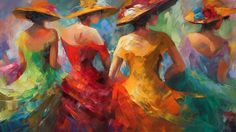 three women in colorful dresses and hats