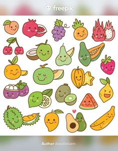 various fruits and vegetables with faces drawn on them