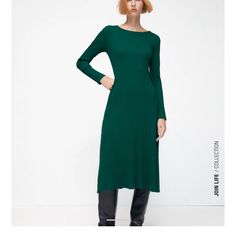 Round Neck Midi Dress With Long Sleeves. 100% Cotton. Botte Green. L: Armpit To Armpit 18” And Beyond. Length 44” Xl: Armpit To Armpit 19” And Beyond. Length 44” Casual A-line Ribbed Midi Dress, Ribbed A-line Midi Dress For Fall, Winter Green Ribbed Midi Dress, Zara A-line Maxi Dress For Fall, Green Ribbed Winter Dresses, Green Ribbed Long Sleeve Midi Dress, Casual A-line Midi Dress With Ribbed Detail, Green Long Sleeve Ribbed Midi Dress, Solid Ribbed Midi-length Dress