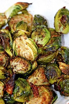 roasted brussel sprouts in a white bowl