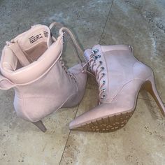 Brand New Pink Stiletto Boots! Trendy Ankle Boot Heels With 4-inch Heel, Trendy Heeled Boots With 4-inch Heel, Trendy Wrapped Heel Ankle Boots, Trendy Ankle Boots With Wrapped Heel, Trendy Ankle Boot Heels With Wrapped Heel, Light Pink Boots, Pink Stilettos, Pink Boots, Stiletto Boots