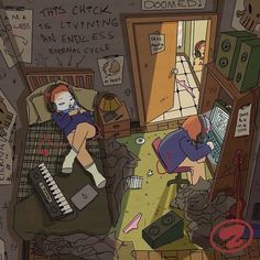 two children are sitting on a bed in a messy room, one is playing the piano