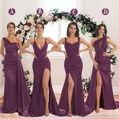 the bridesmaids are wearing purple dresses with thigh high slits and one side split