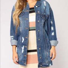 Fashion Nova New With Tags Oversized Denim Jacket. Distressed . Size Small Oversized Washed Outerwear For Day Out, Oversized Light Wash Denim Jacket For Spring, Medium Wash Denim Jacket For Day Out, Medium Wash Long Sleeve Denim Jacket For Day Out, Oversized Medium Wash Denim Jacket For Day Out, Dark Wash Denim Jacket For Day Out, Oversized Distressed Denim Blue Outerwear, Oversized Medium Wash Denim Jacket, Oversized Denim Blue Trendy Outerwear