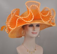 Orange Mini Hat For Kentucky Derby, Orange Costume Hat For Kentucky Derby Races, Fitted Orange Hat For Church, Orange Fitted Hat For Church, Orange Evening Hats For Spring, Elegant Orange Adjustable Hat, Orange Hat With Curved Brim For Party, Orange Mini Hat With Curved Brim For Kentucky Derby, Orange Hat For Kentucky Derby Races