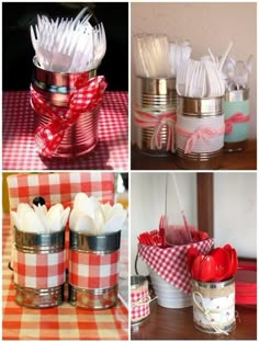 there are four pictures of different items in the same photo, each with ribbons and bows on them