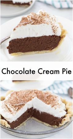 chocolate cream pie on a white plate with the rest cut out and ready to be eaten