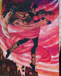 a painting of a woman dancing in front of a pink sky with stars and clouds