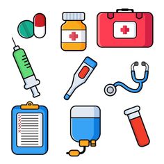 various medical items are grouped together on a white background