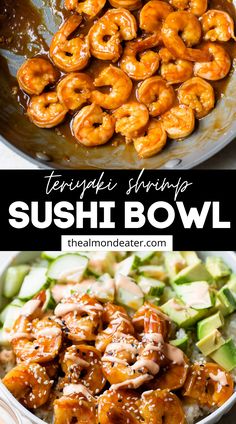 shrimp and sushi bowl with chopsticks on the side