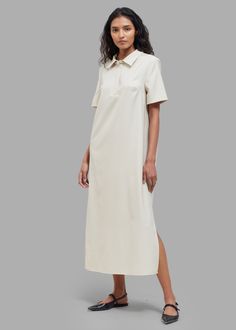 Loulou Studio Bira Polo Shirt Dress - Beige Beige Relaxed Fit Collared Dress, Cream Polo Dress, Luxury Classic Short Sleeve Polo Dress, Beige A-line Shirt Dress, Luxury Midi-length Shirt Dress With Placket, Loulou Studio, Polo Shirt Dress, Black Halter Dress, Made In Romania