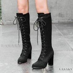 Lasaky - Winter Riding Boots with Adjustable Buckle for Women High Heel Combat Boots, Lace Up Knee High Boots, Heel Combat Boots, Lace High Heels, Womens High Boots, Women's Motorcycle Boots, Winter Riding, Knee Length Boots, Thigh Boots