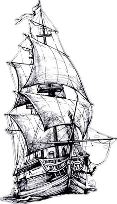 an ink drawing of a sailing ship