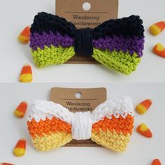 two crocheted bows with candy corn on them