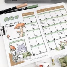 an open planner with mushrooms and plants on it