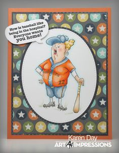 a card with a cartoon character holding a baseball bat