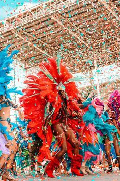 colorfully dressed dancers are dancing under confetti