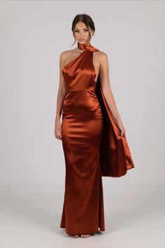 Crafted from premium silky satin fabrication, our MARGOT maxi dress features asymmetrical neckline with a scarf neck sash and a flattering column styled silhouette. Wear this one shoulder formal dress with an updo and drop earrings for an effortlessly chic look. Perfect for a wedding, black tie, awards night, gala and other formal occasions. Ship Outfits, Orange Formal Dresses, Wedding Black Tie, Bachelorette Party Dress, Bridal Party Outfit, Awards Night, Burnt Orange Dress, Wedding Black, Scarf Neck