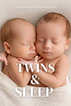 two twin babies cuddle in their arms with the words twins and sleep above them