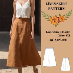 Linen skirt model, long skirt, maxi skirt, satin skirt pattern ⭐US Sizes: 2, 4, 6, 8, 10, 12, 14, 16, 18, 20, 22, 24, 26, 28, 30 ⭐Standard Sizes: XS, S, M, L, XL, 2XL, 3XL, 4XL ⭐These patterns are suitable for A4 and US Letter size papers. ⭐Once your payment is processed, you will automatically receive download links for the pattern files. Please note that you can only download the files from a computer; they will not work on a phone or iPad. ⭐This is a digital product. You will receive zip file Full Linen Skirt With Elastic Waistband, Linen Full Maxi Skirt With Lining, Satin Skirt Pattern, Bohemian Linen Gathered Maxi Skirt, Maxi Skirt Satin, Linen Wide-leg Maxi Skirt For Beach, Flowy Linen A-line Maxi Skirt, Skirt Satin, Modest Skirt