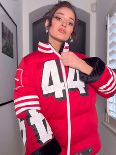 San Francisco 49ers Kristin Juszczyk Red Puffer Jacket Kristin Juszczyk, Red Puffer Jacket, Varsity Letterman Jackets, Red Puffer, Nfl Jersey, Jersey Style, Aviator Jackets, Letterman Jacket, Denim Jacket Men