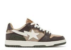 a brown and white sneaker with a star on the side, in front of a white background