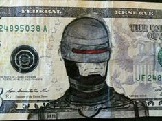 a dollar bill with a drawing of a man wearing a helmet on top of it